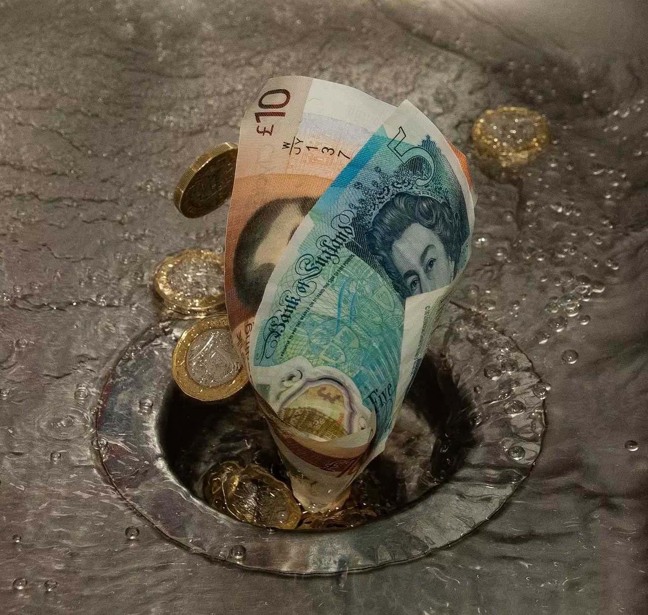 Banknotes and coins swirling down a drain