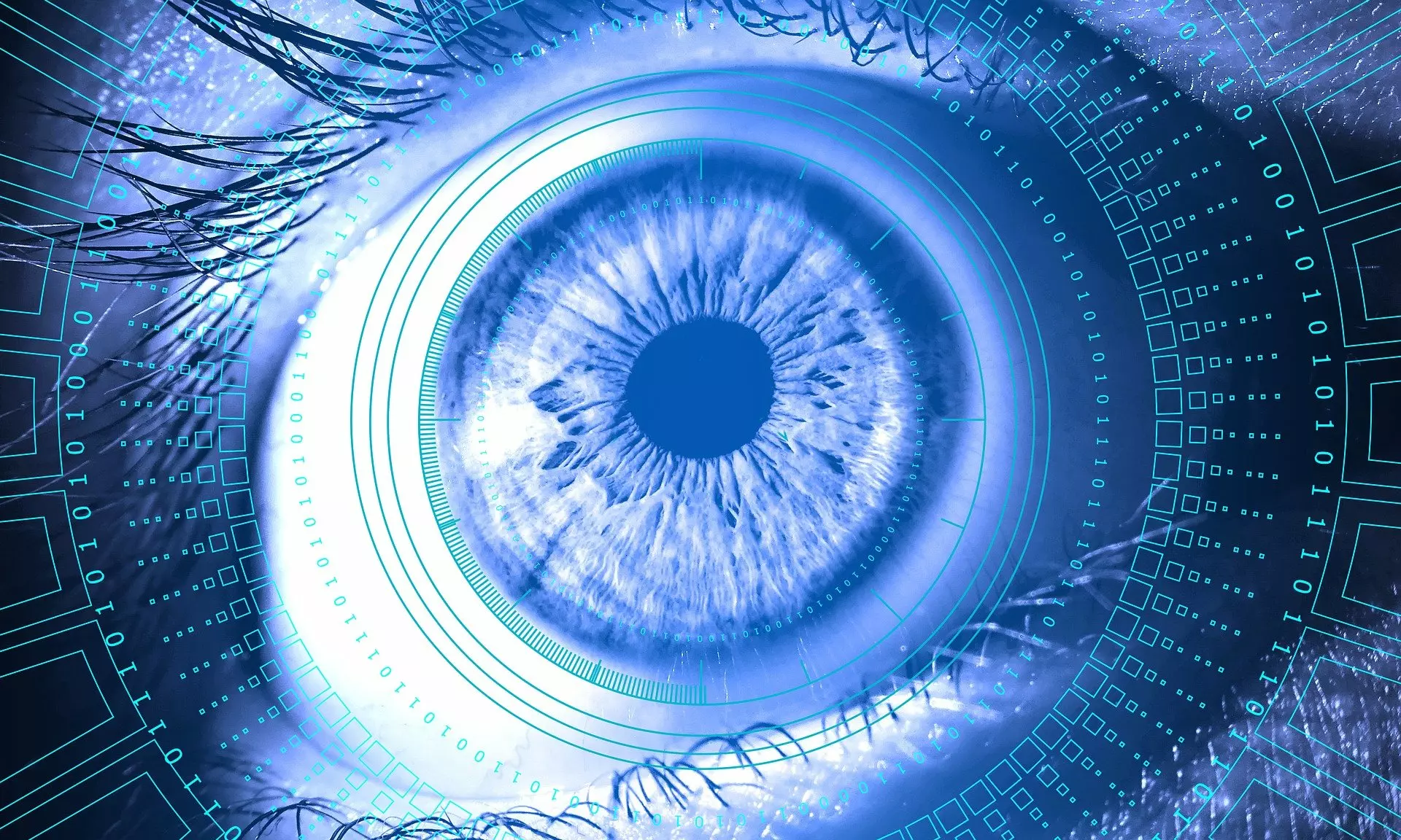 Close up of an eyeball overlaid with digital pattern