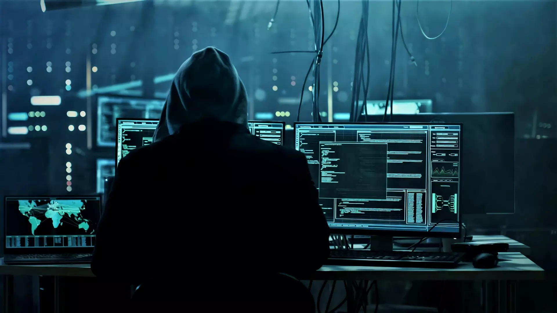 A hooded person sits at a bank of glowing computer screens