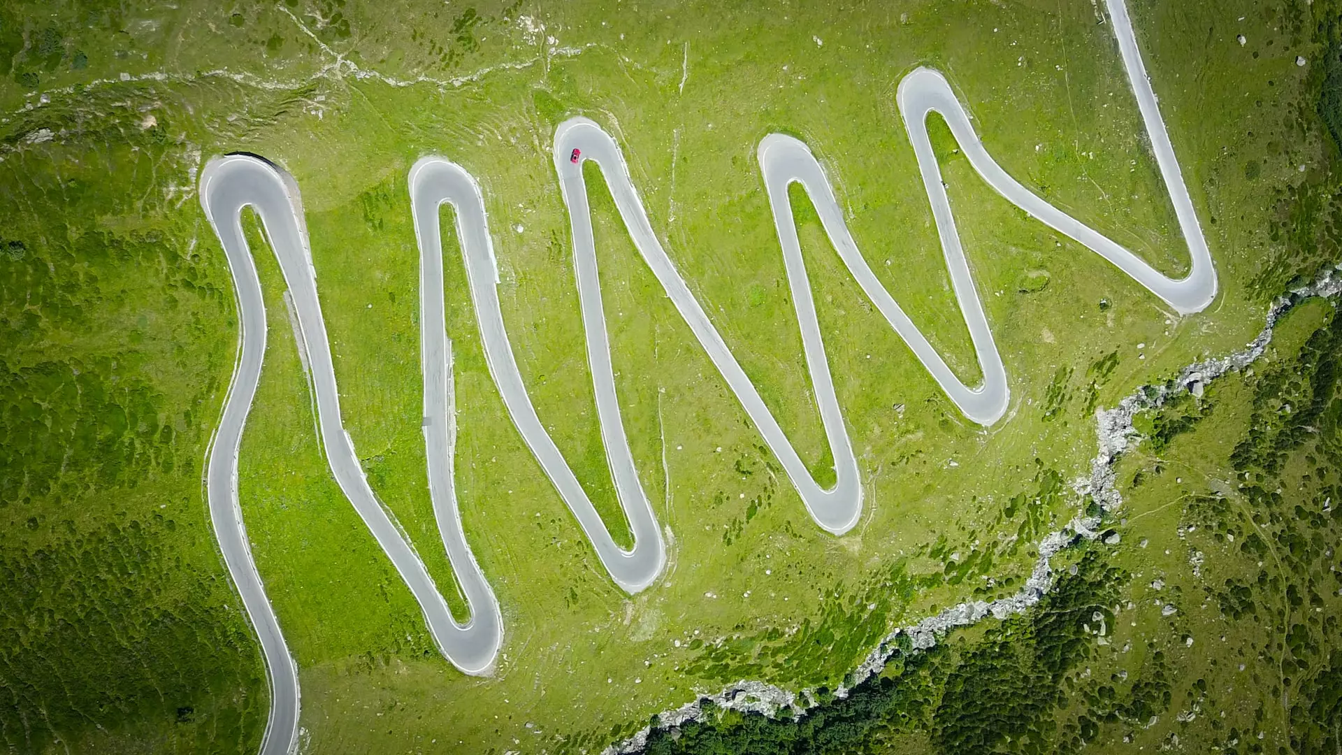 Aerial view of a switchback road