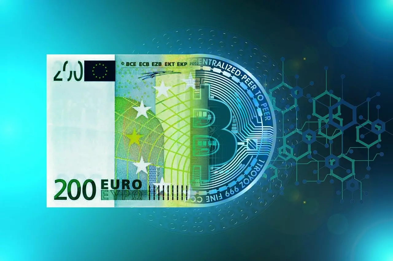 A 200 Euro banknote merging with a cryptocurrency coin