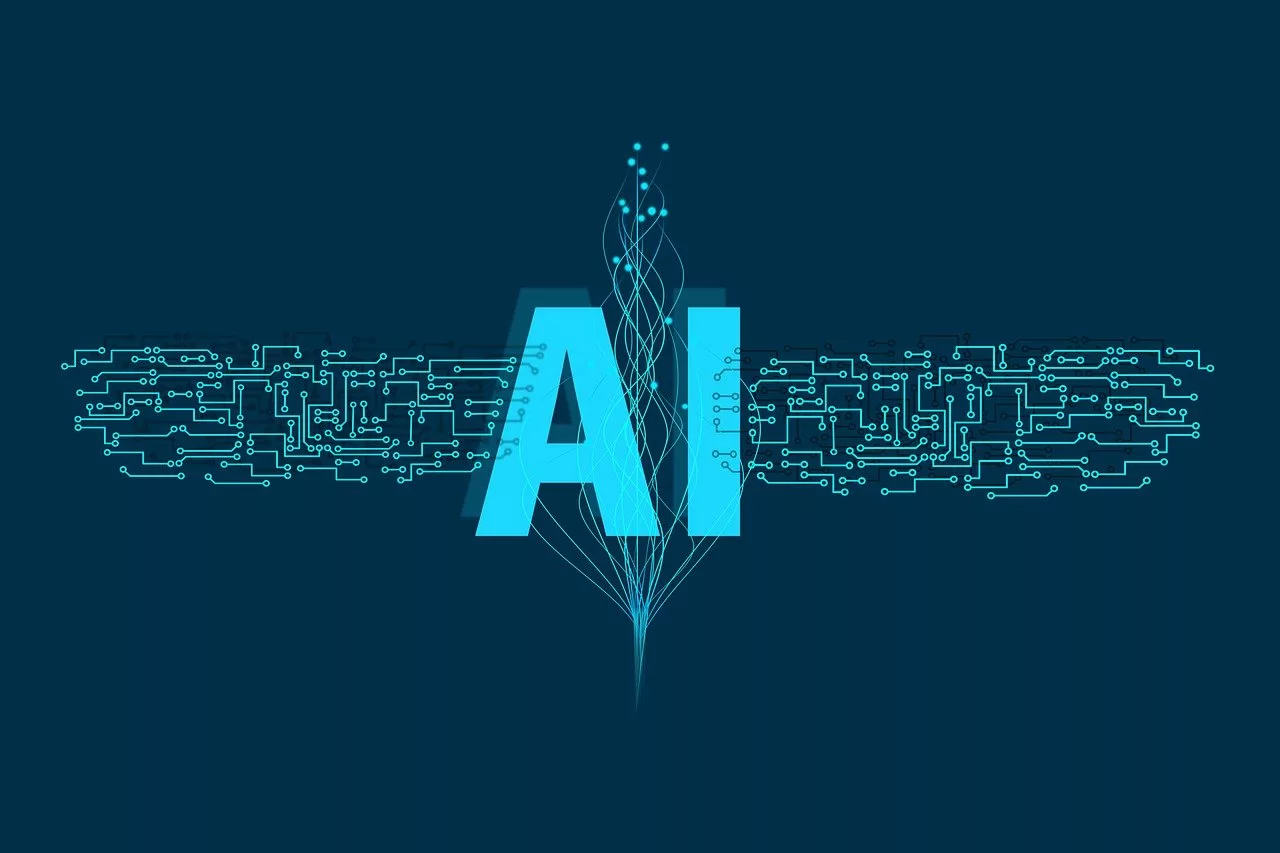 AI Graphic: light blue motif AI on dark blue background