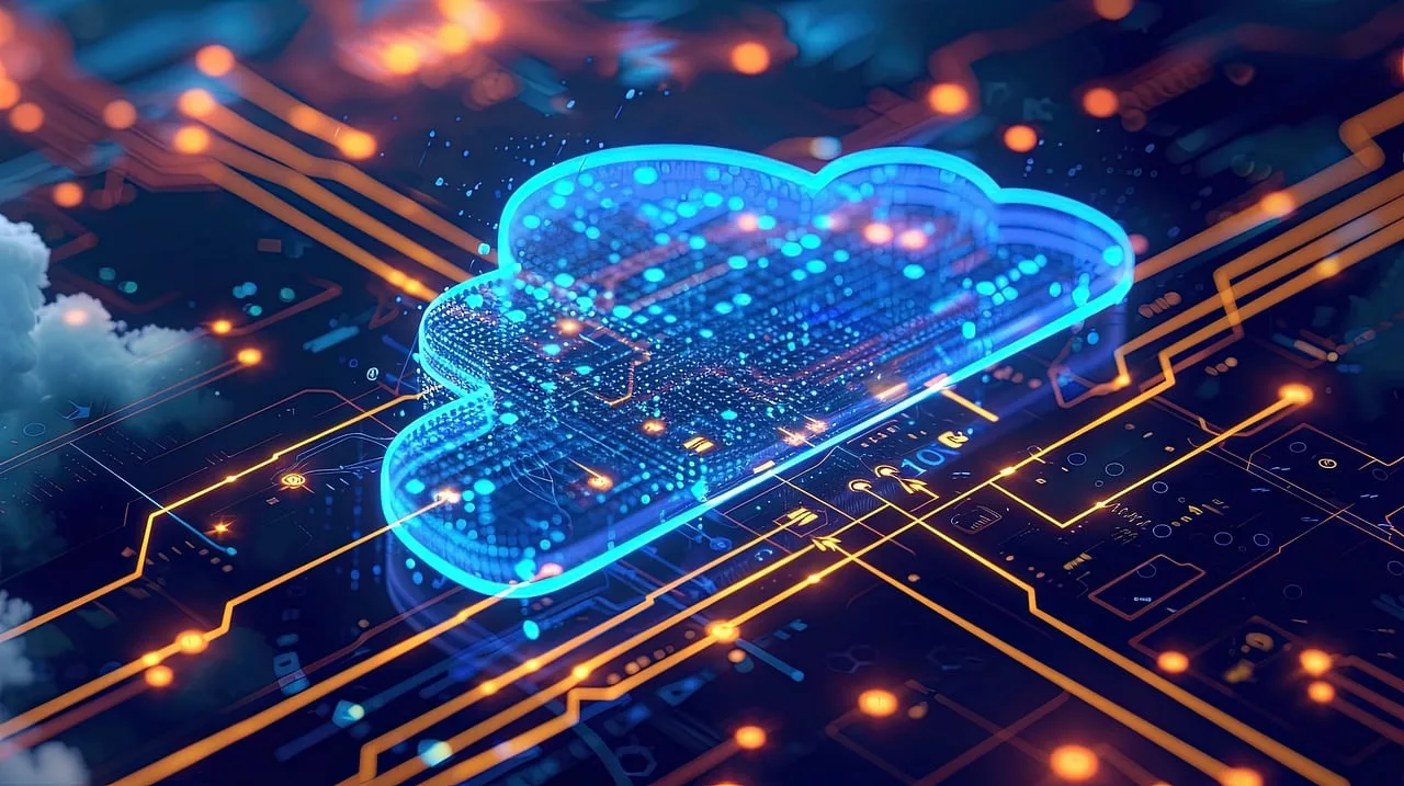 Glowing blue cloud icon on a stylised circuit board