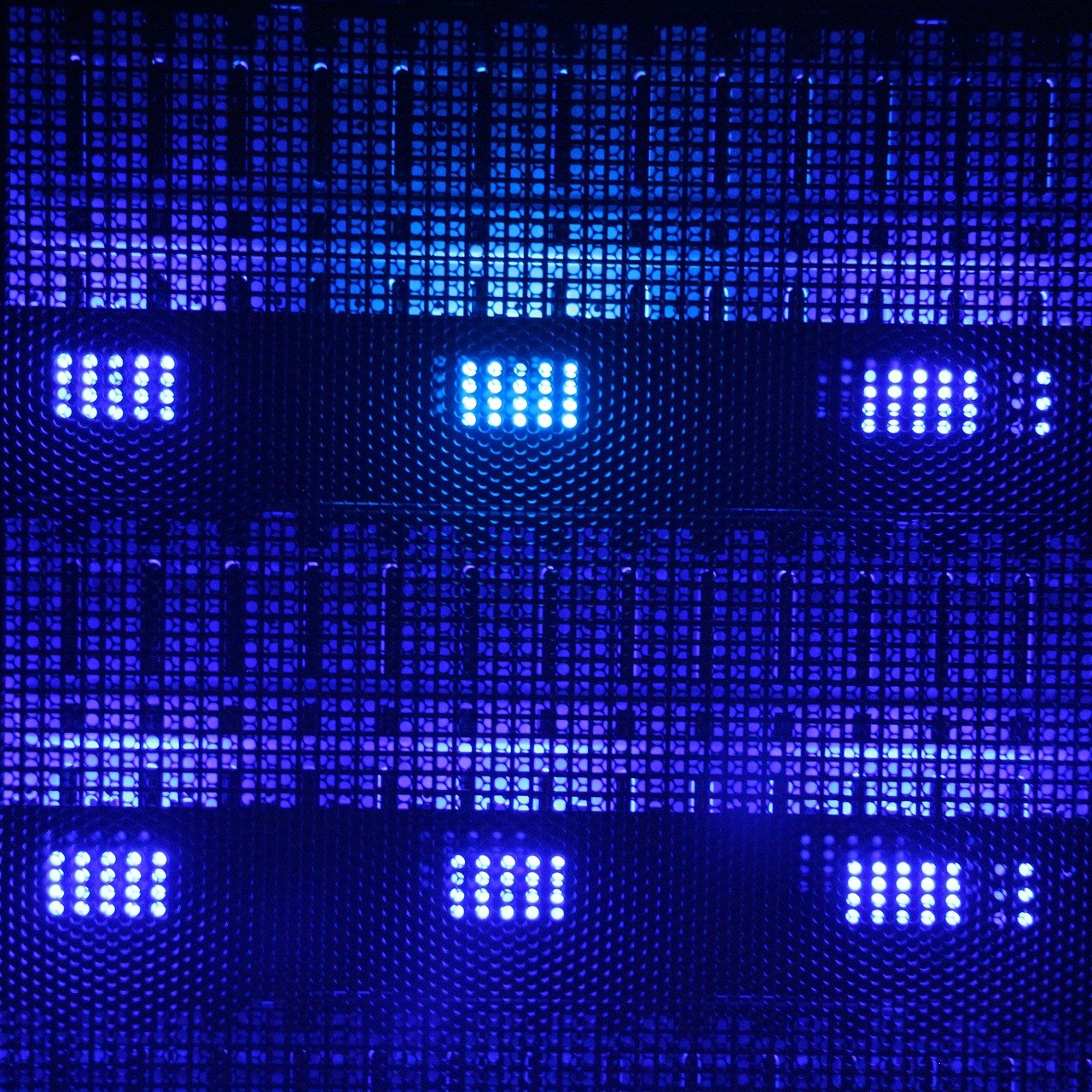 Blue neon lights from a data centre.
